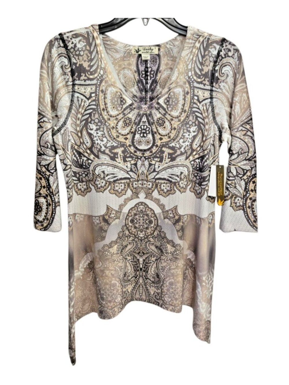 Unity World Wear Bohemian Style Paisley Tunic 3/4 Sleeve V-Neck